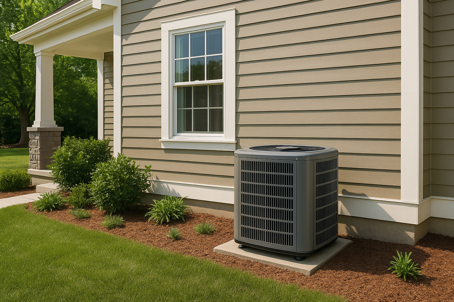 A modern central air conditioning unit installed on a concrete pad outside a well-maintained suburban home on Long Island, featuring beige vinyl siding, white trim, and landscaped greenery.