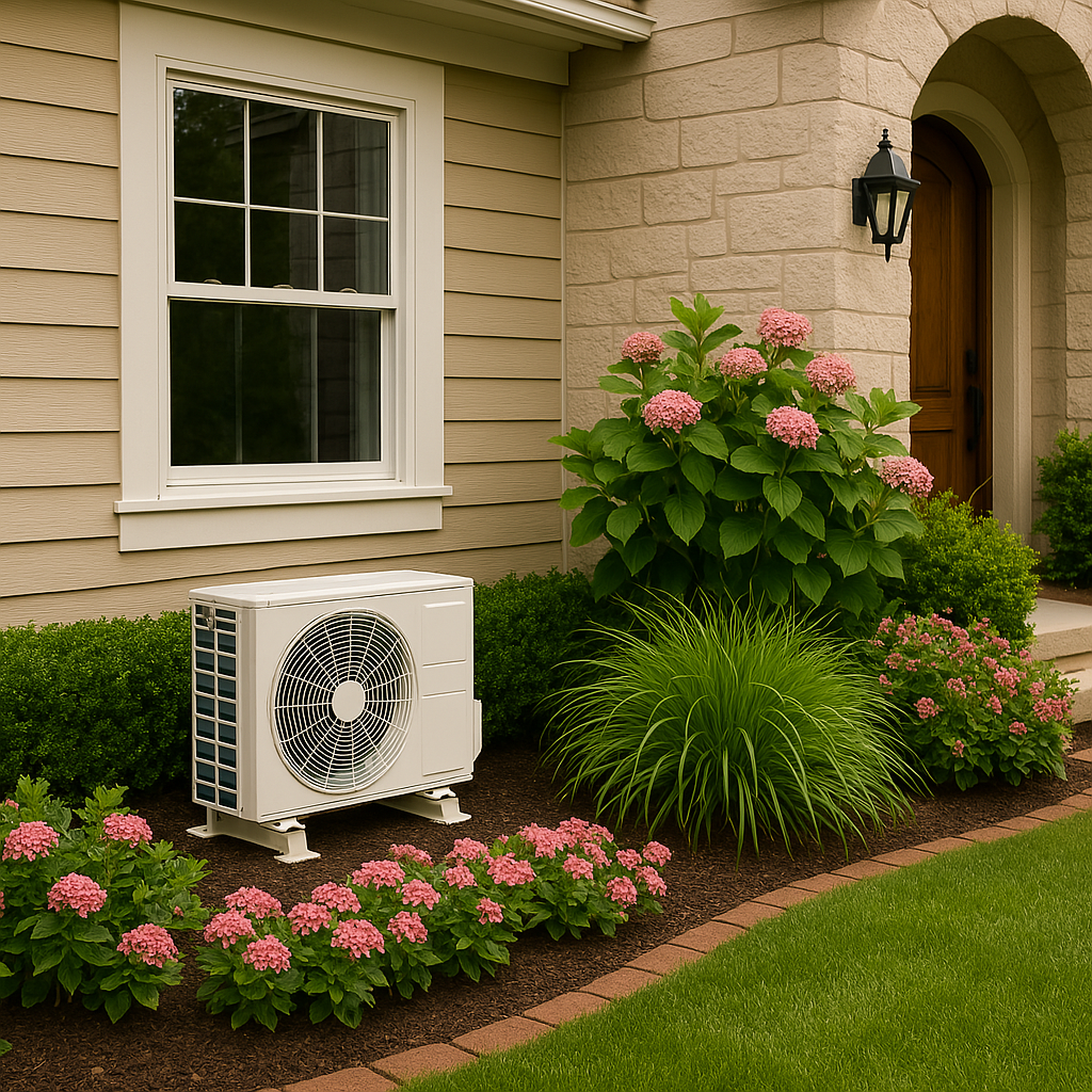 mini split ac condenser outside of beautiful home