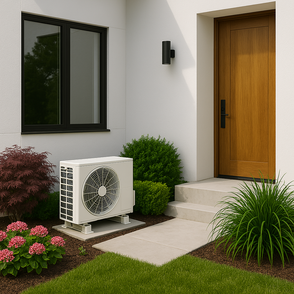 mini split ac condenser outside of beautiful modern home